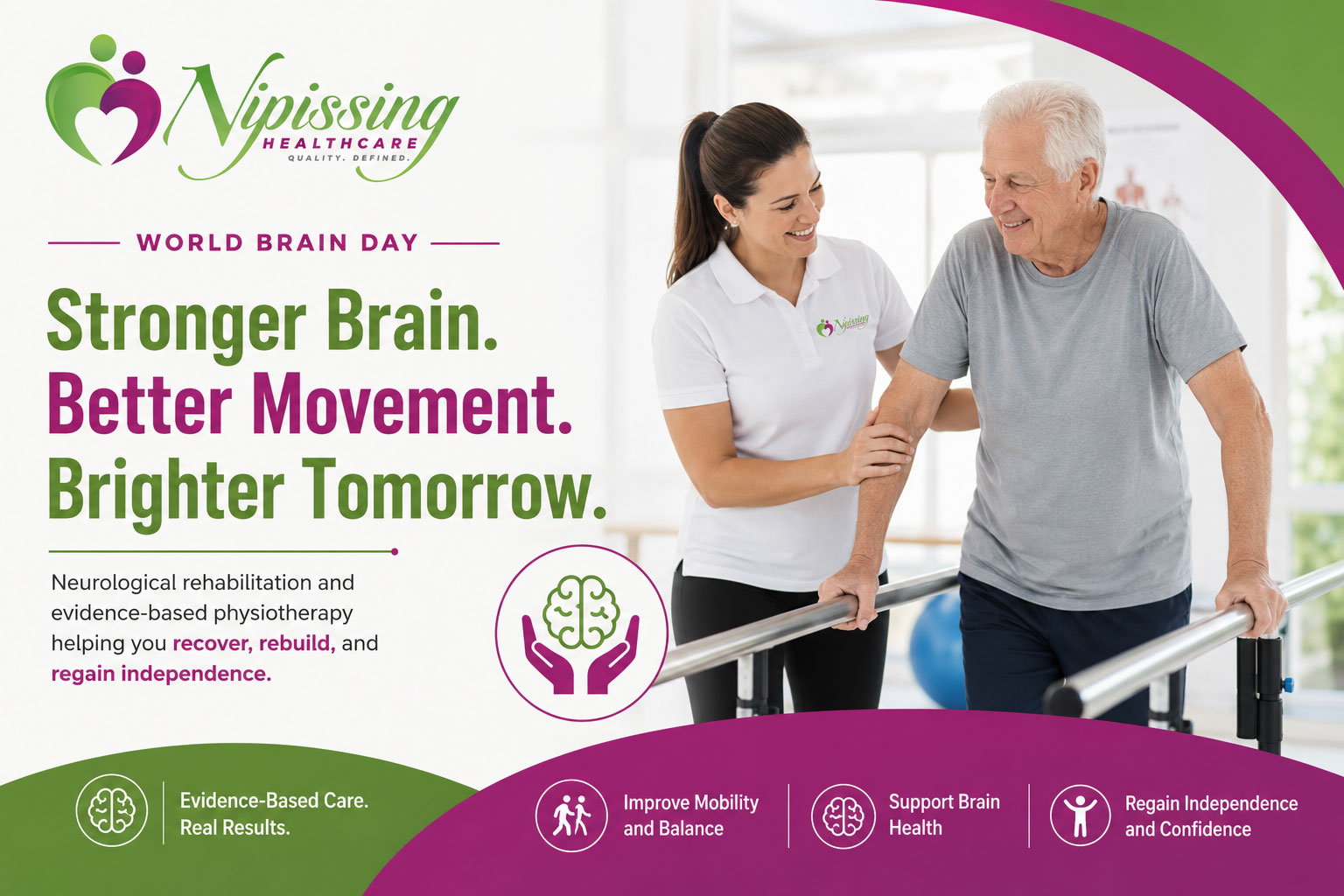 Physiotherapist helping a senior with neurological rehabilitation and balance training at Nipissing Healthcare in North Bay.