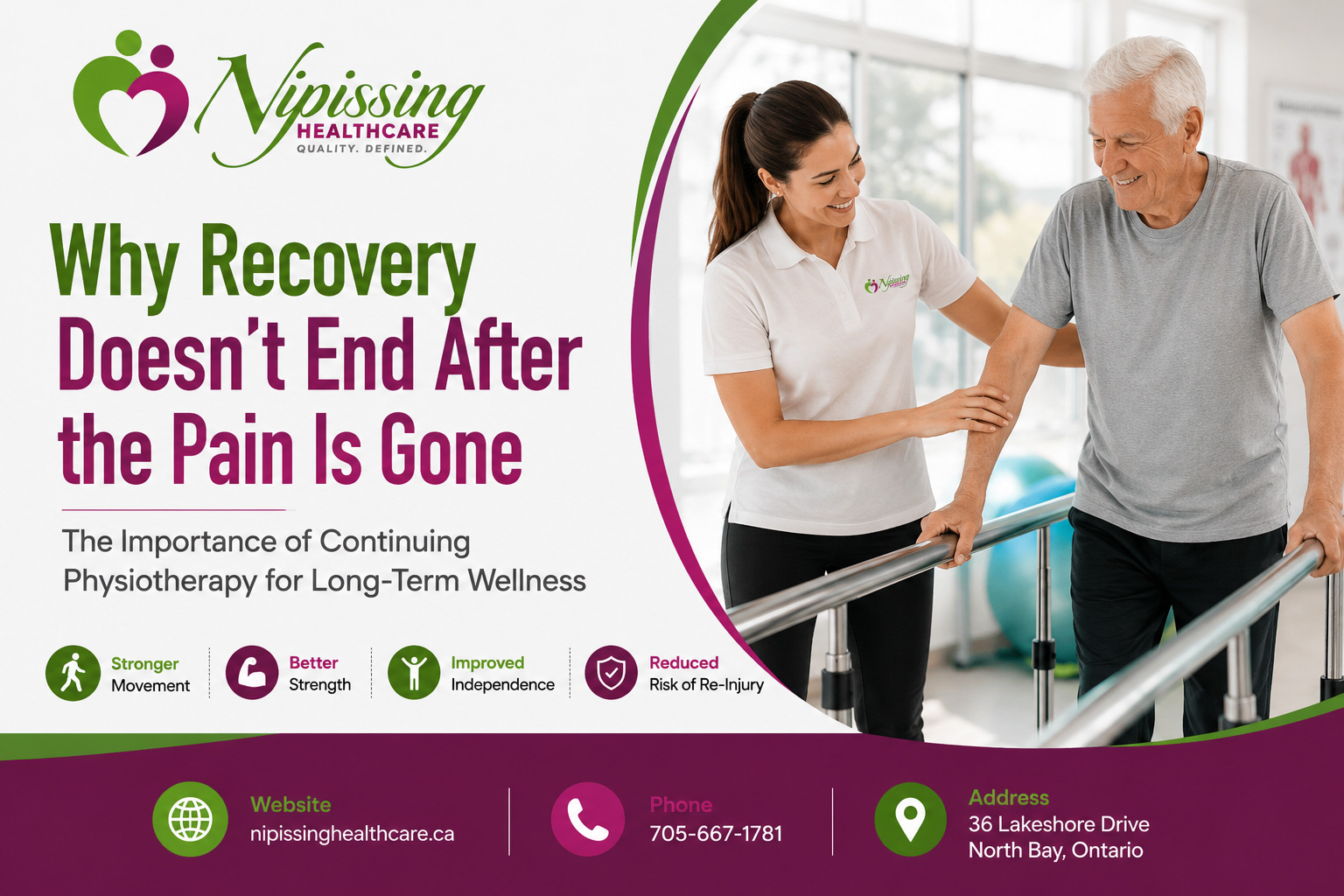 Senior patient receiving physiotherapy and gait rehabilitation with a therapist at Nipissing Healthcare in North Bay, highlighting the importance of continuing physiotherapy for long-term recovery, mobility, strength, and independence