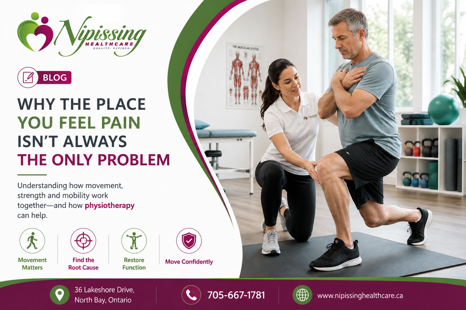 Physiotherapist assessing an adult patient's movement and mobility during a rehabilitation session at Nipissing Healthcare in North Bay, Ontario.