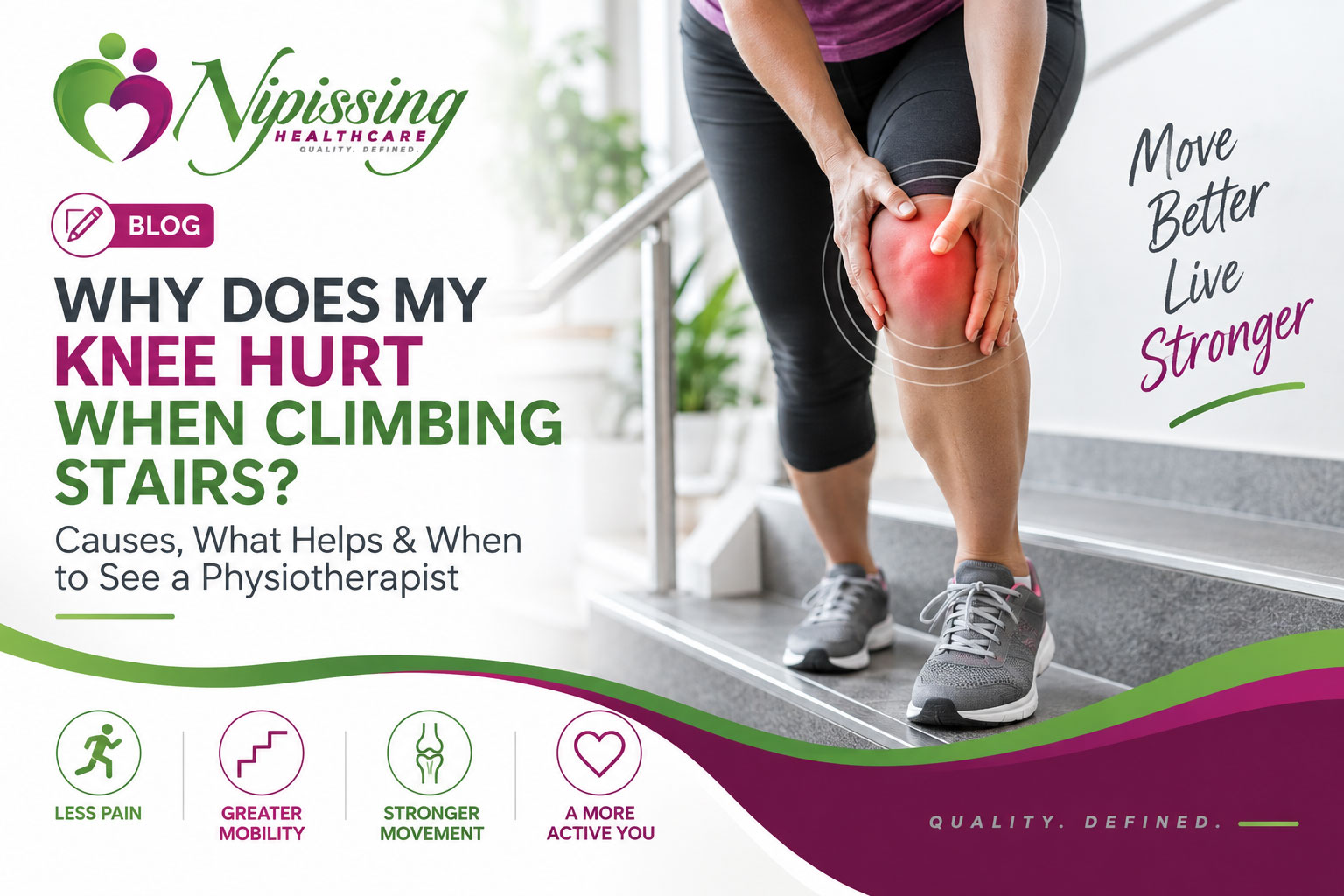Physiotherapist helping a patient manage knee pain while climbing stairs at Nipissing Healthcare in North Bay, Ontario.